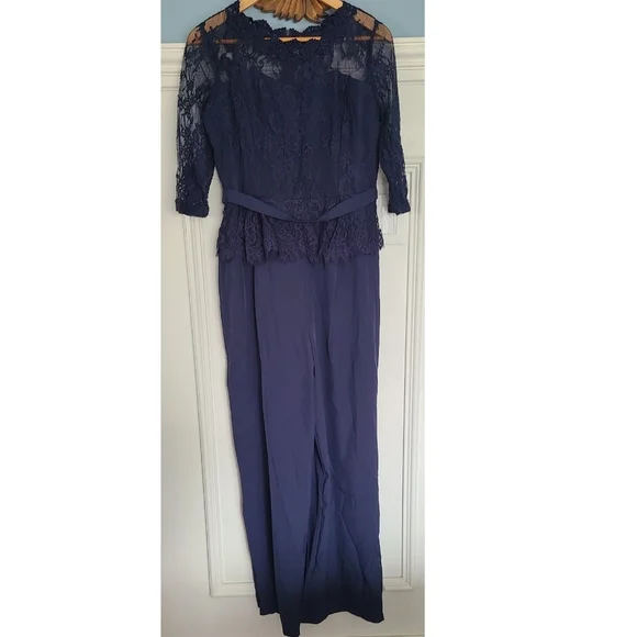 Shein Navy Blue Belted Lace Illusion Neckline Jumpsuit - Picture 2 of 7